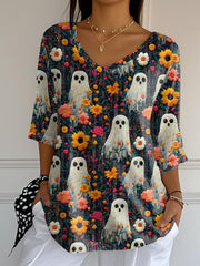 Women's Ghost Print V-Neck Five-quarter Sleeve Top