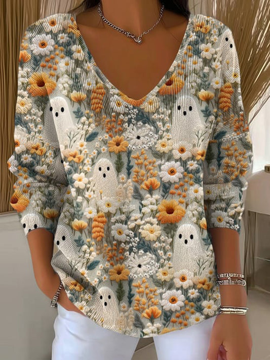 Women’s Ghost Print V-Neck Top