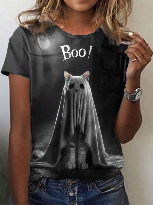 Women's Ghost Print V-Neck Five-quarter Sleeve Top