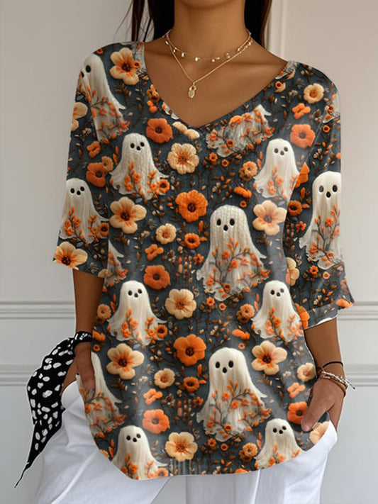 Women's Ghost Print V-Neck Five-quarter Sleeve Top