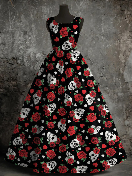 Women's Halloween Rose Skull Print Vest Dress
