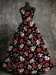Women's Halloween Rose Skull Print Vest Dress