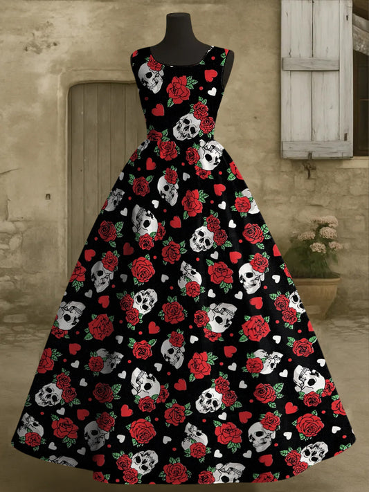 Women's Halloween Rose Skull Print Vest Dress