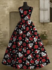 Women's Halloween Rose Skull Print Vest Dress