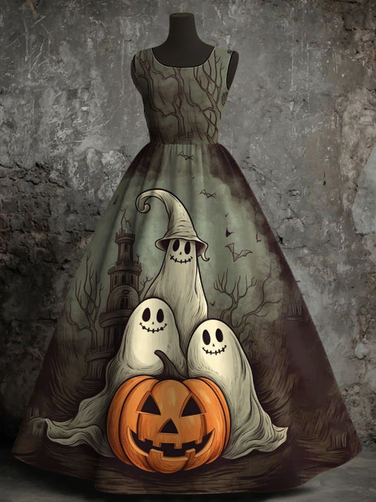 Women's Halloween Ghost Pumpkin Print Vest Dress
