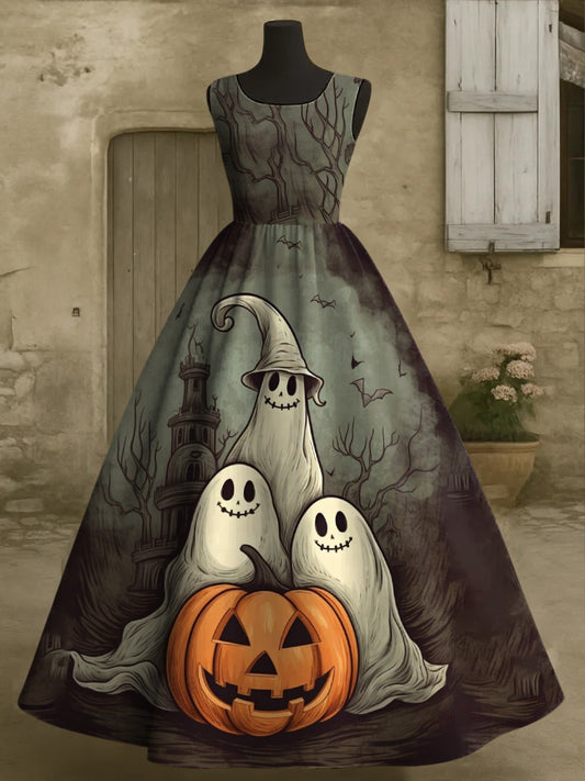Women's Halloween Ghost Pumpkin Print Vest Dress