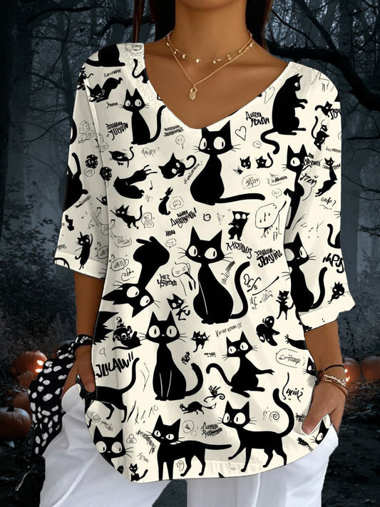 Women's Cat Print Casual Half Sleeve Top