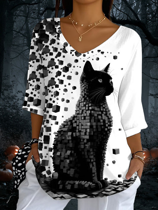 Women's Cat Print Casual Half Sleeve Top