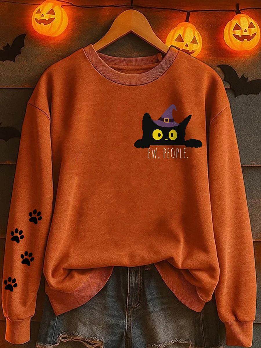 Women's Halloween Ew People Cute Cat Print Sweatshirt