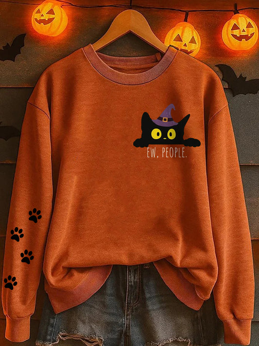 Women's Halloween Ew People Cute Cat Print Sweatshirt