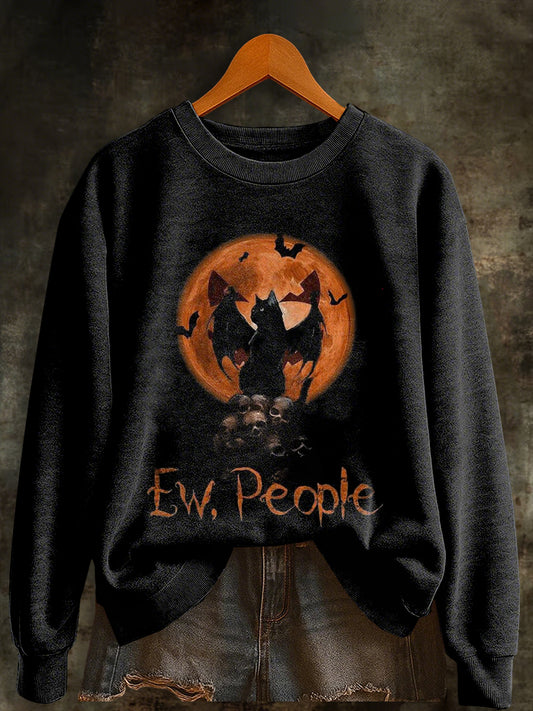 Women's Halloween Ew People Black Cat And Skulls Print Sweatshirt