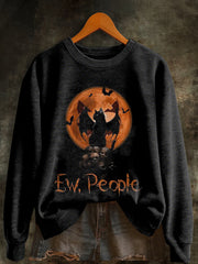 Women's Halloween Ew People Black Cat And Skulls Print Sweatshirt