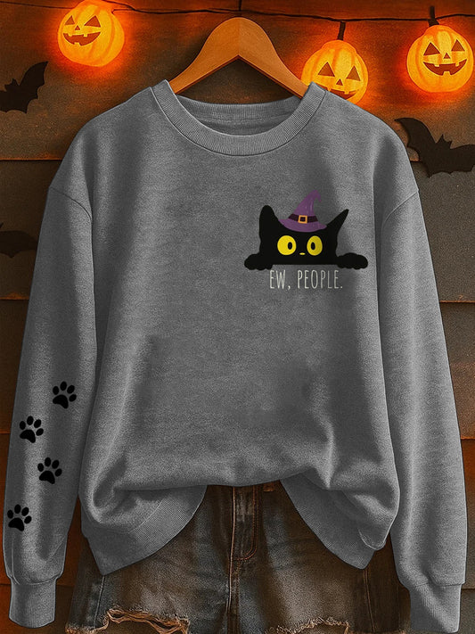 Women's Halloween Ew People Cute Cat Print Sweatshirt