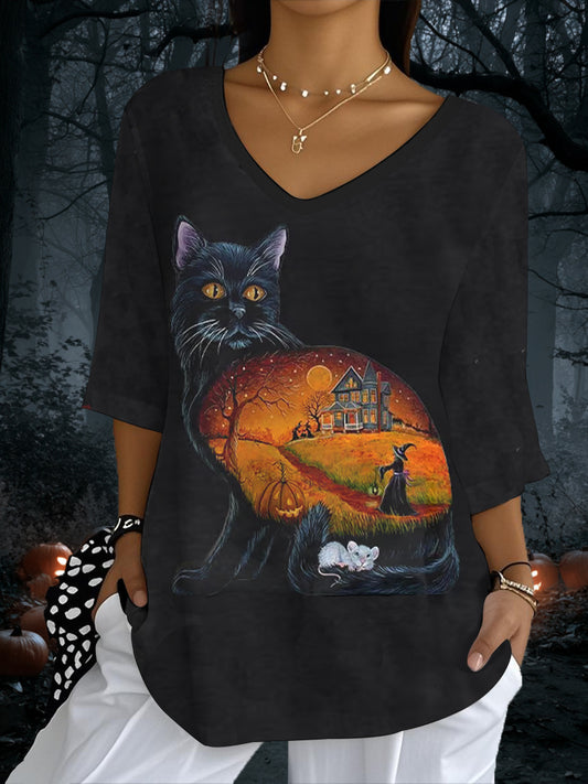 Women's Halloween Black Cat Print Half-Sleeve T-Shirt