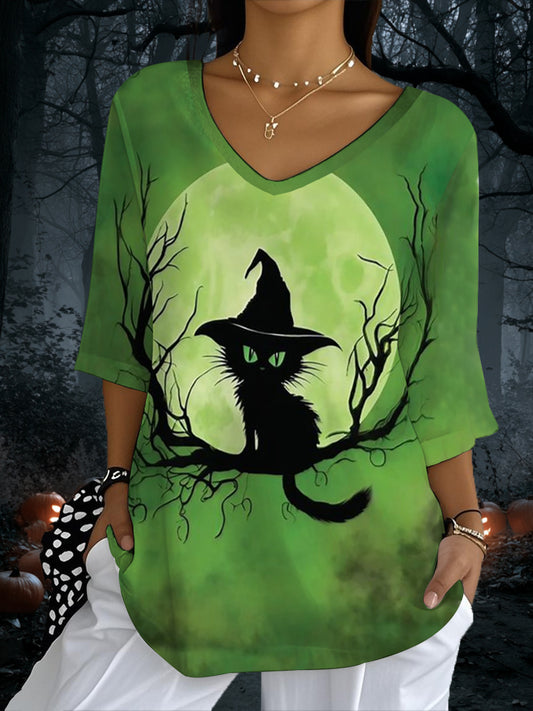 Women's Halloween Black Cat Print  Half-Sleeve T-Shirt