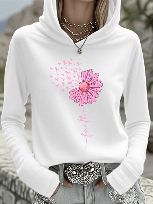 Women's Pink Ribbon Sunflower Faith Breast Cancer Awareness Support Hooded Top