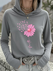 Women's Pink Ribbon Sunflower Faith Breast Cancer Awareness Support Hooded Top