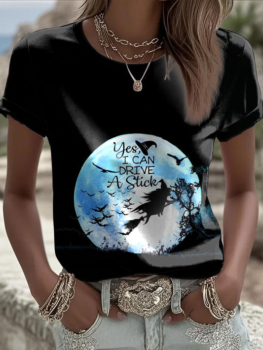 Women's Witch "Yes, I Can Drive A Stick" printed T-shirt