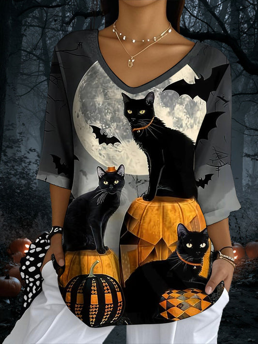 Women's Halloween black cat Half-Sleeve T-Shirt
