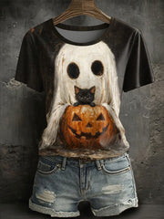 Women's Halloween ghost black cat short-sleeved T-shirt