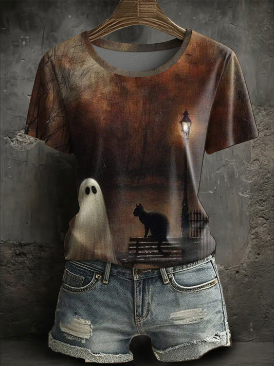 Women's Halloween ghost black cat short-sleeved T-shirt
