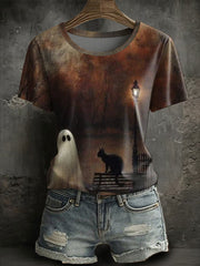 Women's Halloween ghost black cat short-sleeved T-shirt