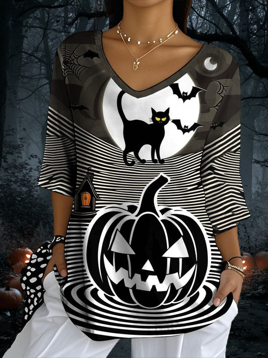 Women's Halloween  black cat Half-Sleeve T-Shirt