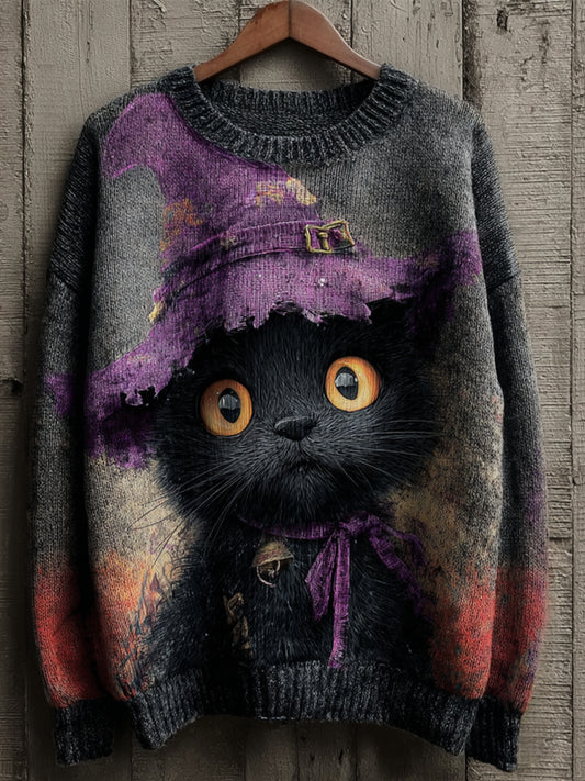 Women's Halloween Witch Black Cat Regular Sweatshirt