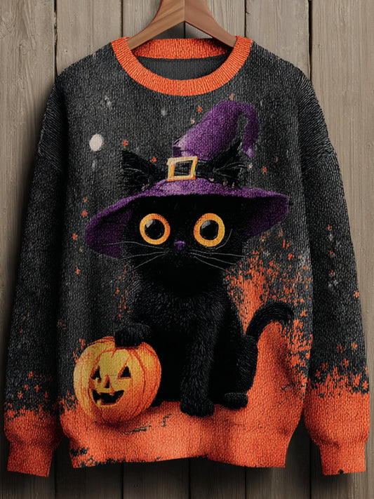 Women's Halloween Witch Black Cat Regular Sweatshirt
