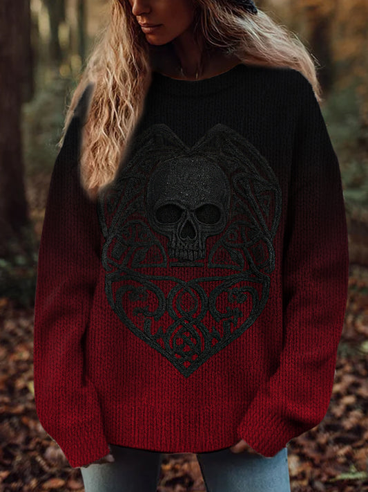 Women's Vintage Viking Tribal Celtic Knot Rose Skull Print Casual Sweater