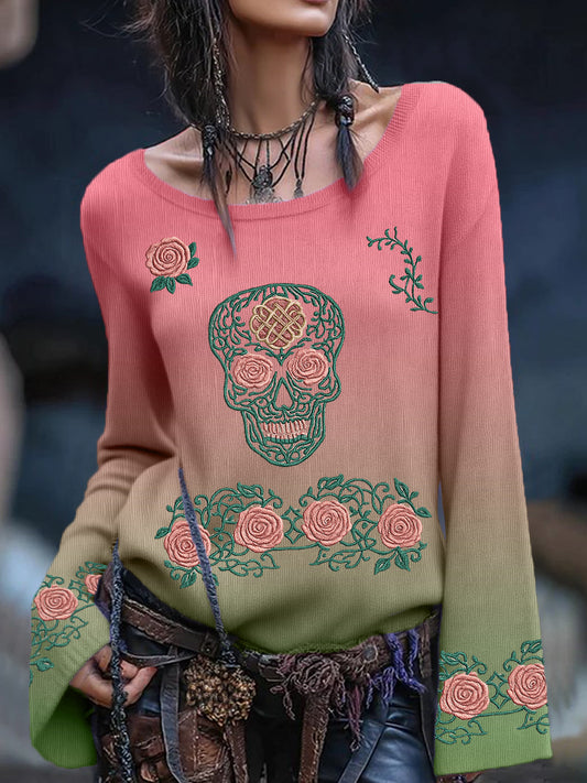 Women's Vintage Viking Tribal Celtic Knot Rose Skull Print Casual Sweater