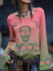 Women's Vintage Viking Tribal Celtic Knot Rose Skull Print Casual Sweater