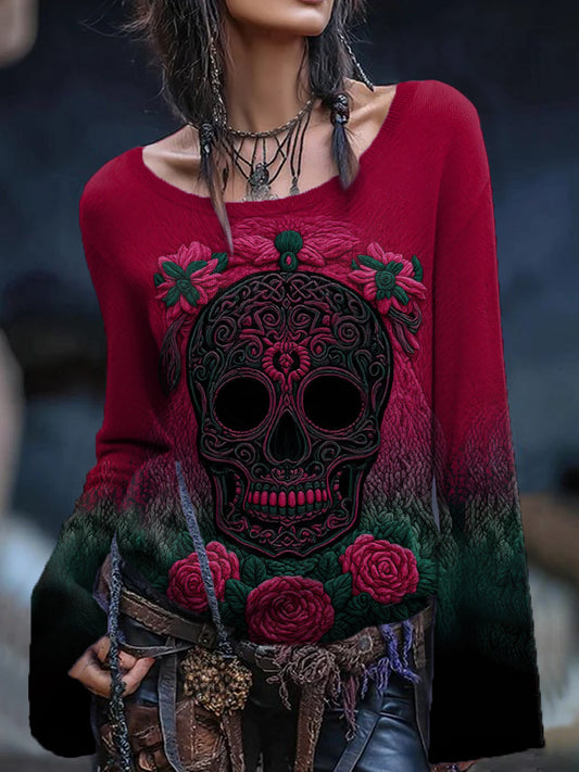 Women's Vintage Viking Tribal Celtic Knot Rose Skull Print Casual Sweater