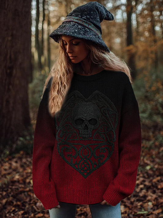 Women's Vintage Viking Tribal Celtic Knot Rose Skull Print Casual Sweater