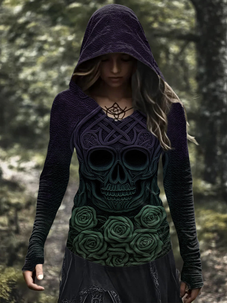Women's Vintage Viking Tribal Celtic Knot Rose Skull Print Casual Hoodie