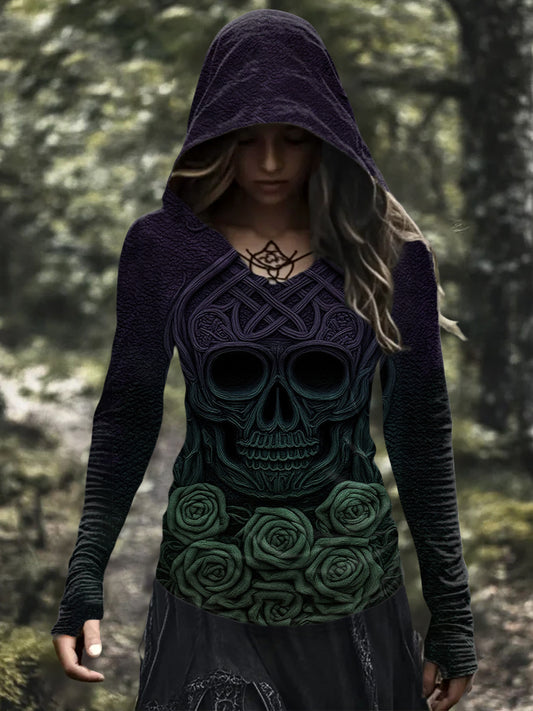 Women's Vintage Viking Tribal Celtic Knot Rose Skull Print Casual Hoodie