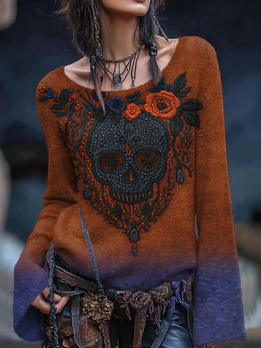 Women's Vintage Viking Tribal Celtic Knot Rose Skull Print Casual Sweater