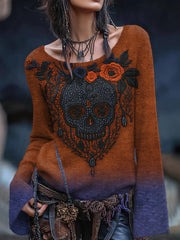 Women's Vintage Viking Tribal Celtic Knot Rose Skull Print Casual Sweater