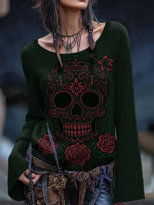 Women's Vintage Viking Tribal Celtic Knot Rose Skull Print Casual Sweater