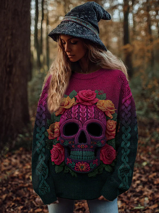 Women's Vintage Viking Tribal Celtic Knot Rose Skull Print Casual Sweater