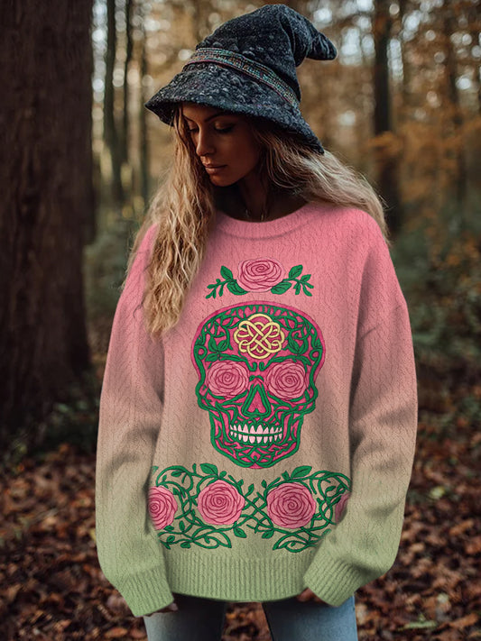 Women's Vintage Viking Tribal Celtic Knot Rose Skull Print Casual Sweater