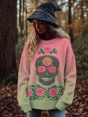 Women's Vintage Viking Tribal Celtic Knot Rose Skull Print Casual Sweater