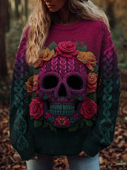 Women's Vintage Viking Tribal Celtic Knot Rose Skull Print Casual Sweater