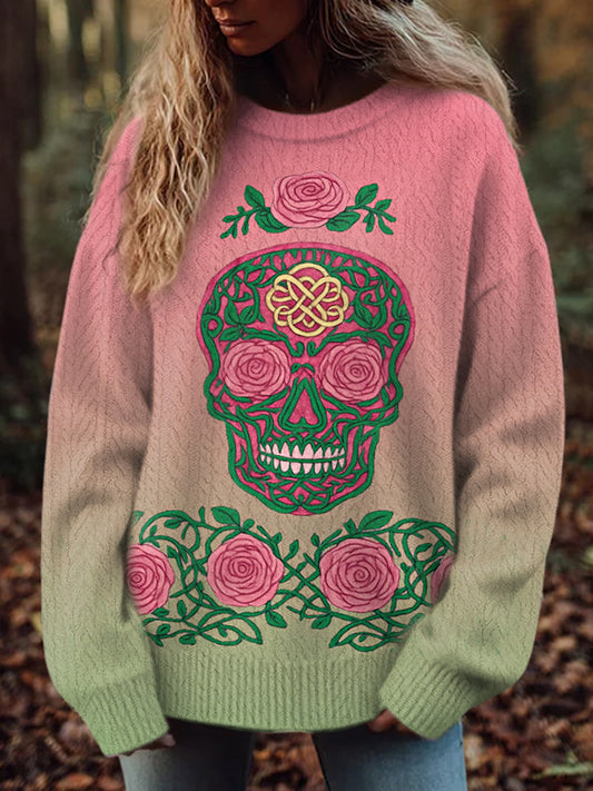 Women's Vintage Viking Tribal Celtic Knot Rose Skull Print Casual Sweater