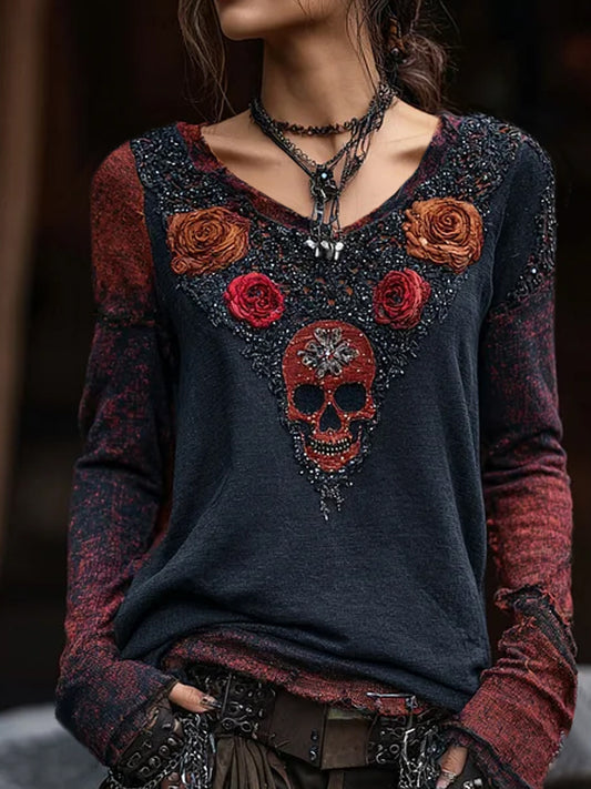 Women's Vintage Rose Skull Hot Diamond V-Neck Long-Sleeve T-Shirt