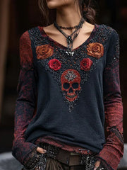 Women's Vintage Rose Skull Hot Diamond V-Neck Long-Sleeve T-Shirt