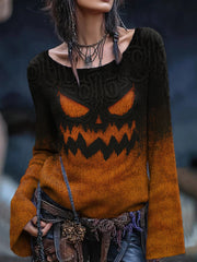 Women's Vintage Viking Tribal Celtic Knot Halloween Pumpkin Face Print Casual Sweater