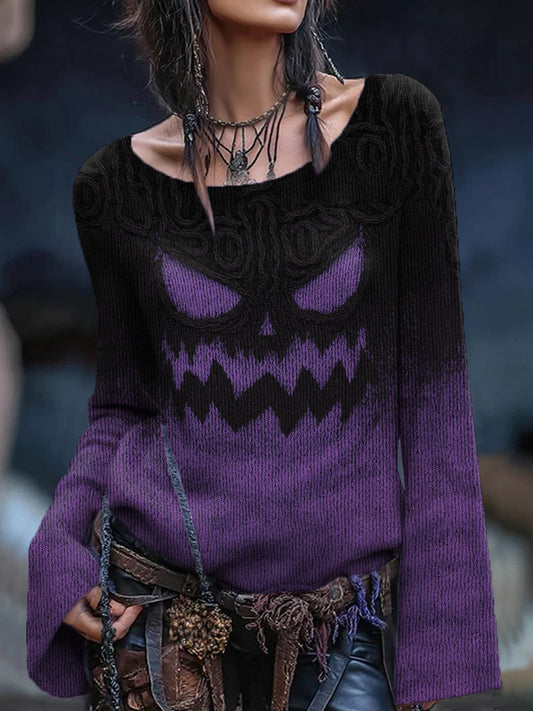 Women's Vintage Viking Tribal Celtic Knot Halloween Pumpkin Face Print Casual Sweater