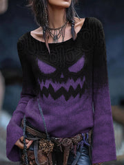 Women's Vintage Viking Tribal Celtic Knot Halloween Pumpkin Face Print Casual Sweater
